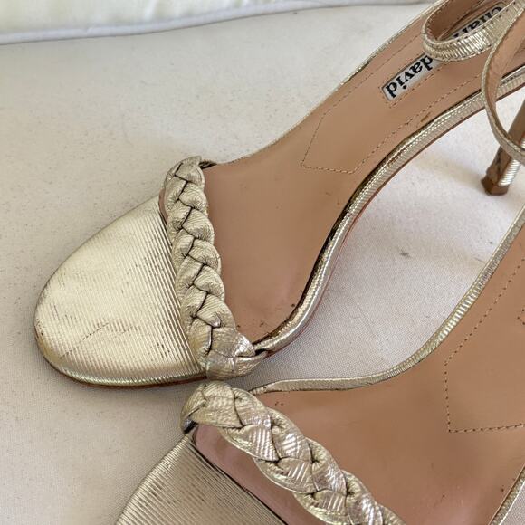 Charles David Braided Heels 8 Gold Pumps Sandals Ankle Strap Cocktail Glam - Picture 5 of 6